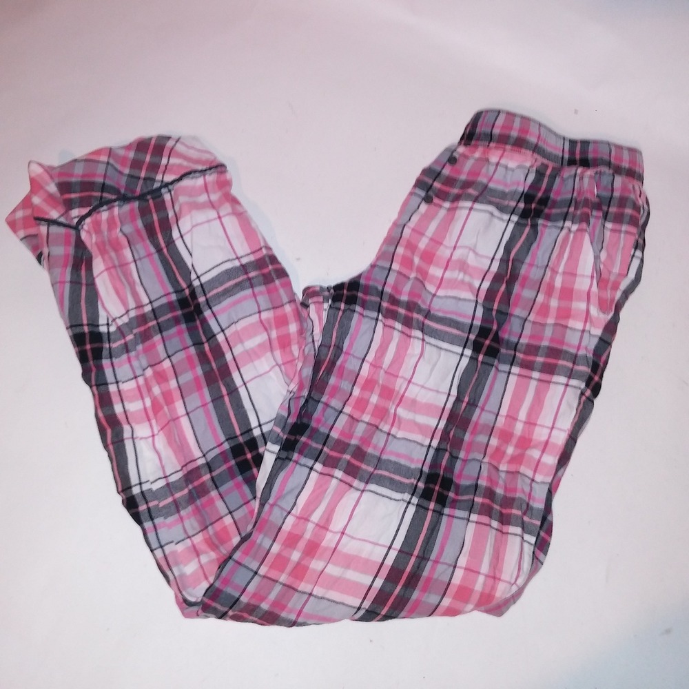 Victoria Secret Pajama Bottom Pants Small Pink Black White Plaid Flannel Pockets